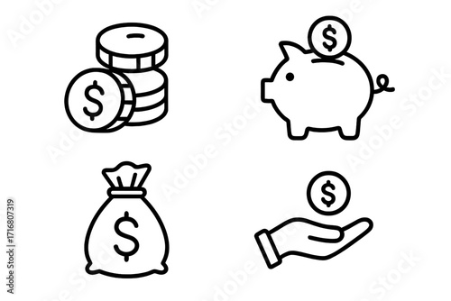 Money savings and finance line icon set. Banking, investment concepts. Vector icons of piggy bank, dollar coins, money bag and payment symbol. Simple isolated illustration.