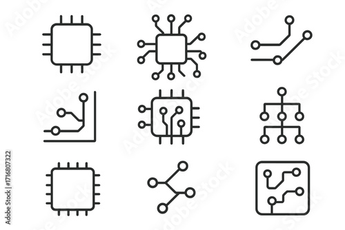Minimalistic vector icons of computer chips, CPU, processors, and electronic circuits. Technology and hardware pictogram collection. Editable stroke for easy customization.