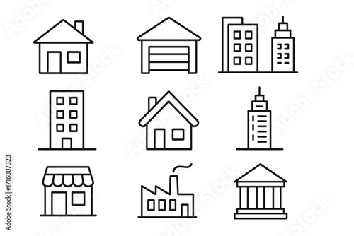 Building line icon set for real estate and architecture. Includes house, home, office, factory, bank, store icons. Simple outline vector illustration with editable stroke.