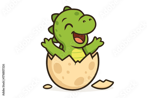 Cute baby dinosaur hatching from egg. Adorable dino character with a joyful expression. Vector cartoon illustration of new life and birth. Happy prehistoric animal mascot.