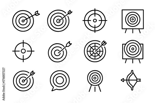 Target and arrow line icon set for goals, success, and achievement. Vector symbols of bullseye, aim, focus, dartboard, and archery for business strategy and marketing.