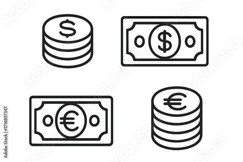 Money icon set. Dollar and Euro currency. Cash payment outline icons. Vector illustration of coin stack and banknote. Finance, business, economy concept. Minimal linear graphic symbols.