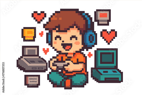 Pixel art gamer character enjoying video games. Cute happy boy with headphones and joystick playing on retro console. 8-bit old school gaming hobby concept with hearts.
