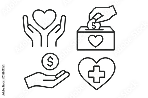 Charity and donation icon set. Vector linear symbols for fundraising, volunteering, and support. Concepts include love, care, giving money, and healthcare assistance.