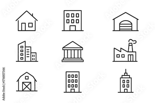 Building line icon set. Real estate and construction thin line icons. House, office, bank, factory, barn pictogram collection. Minimal vector symbols with editable stroke.