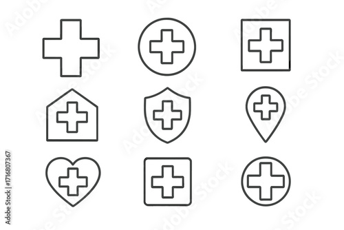 Medical cross hospital symbol set. Health care icon collection. Pharmacy plus sign outline. Medicine pictogram. First aid emergency. Doctor clinic location. Editable stroke vector.