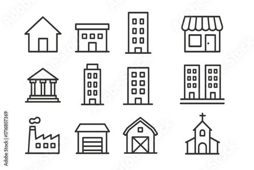 Building line icon set. Real estate and city construction outline icons. Home, bank, factory, store, church, barn. Simple minimal vector pictogram collection for web, UI/UX.