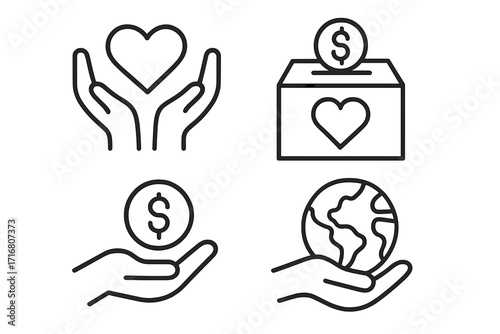 Charity icon set. Donation, giving, and support linear symbols. Philanthropy and fundraising vector concepts. Hands with heart, money box, coin, and global aid icons.