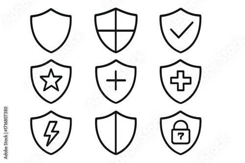 Shield icon set for security and protection concepts. Vector line art collection for data privacy, antivirus, and safety. Includes check mark, lock, and medical cross symbols.