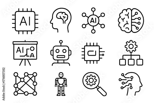 AI icon set. Artificial intelligence, machine learning, robotics line icons. Brain, robot, neural network, cyborg head, processor chip symbols. Editable stroke vector pictogram.