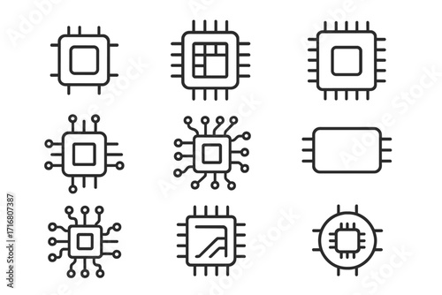 Chip line icon set. Microchip, processor, CPU pictogram collection. Vector symbols for hardware, AI, electronics. Editable stroke. Tech computer circuit, semiconductor icons.