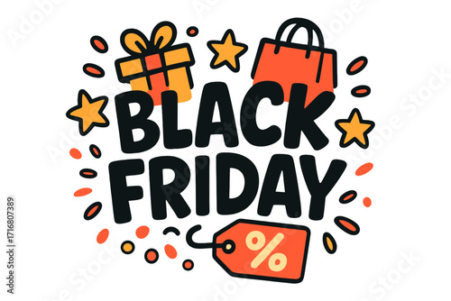 Black Friday sale vector banner. Cartoon lettering for holiday discount and promotion. Shopping poster concept with gift box, bag, and percent tag. Isolated on transparent background.