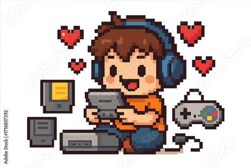 Pixel art gamer boy character playing retro video games. Cute 8-bit illustration of a child with a handheld console, controller, and cartridges. Concept of gaming love.