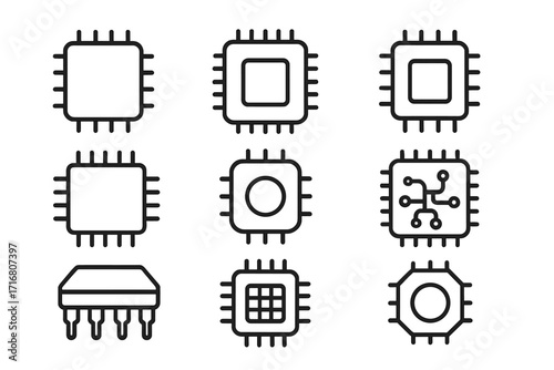 Chip line icon set. Microchip, processor, CPU symbols. Editable stroke vector illustration. Minimal outline pictogram for electronics, AI, technology, computer hardware design.