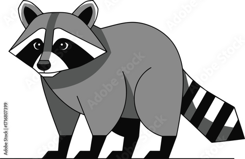 A grayscale pixel art illustration depicting a raccoon. The raccoon is presented in a standing pose, showcasing its distinctive features including a masked face, bushy tail with black and gray stripes