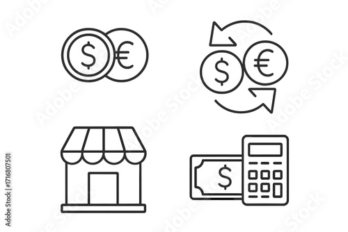 Currency exchange and finance line icon set. Money transfer, banking outline symbols. Vector dollar, euro coins, payment calculator, and exchange office shop pictogram. Editable stroke.