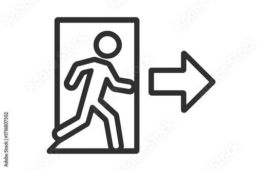 Exit symbol linear icon. Man running from door. Emergency escape route. Safety evacuation sign. Logout concept for web. Way out direction arrow. Getaway vector pictogram.