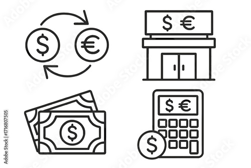 Currency exchange line icon collection. Money conversion concept with dollar and euro symbols. Finance, banking, and international payment icons for infographics. Vector set.