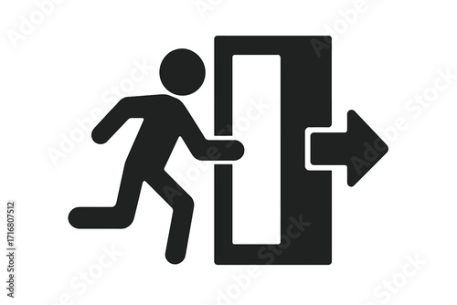 Emergency exit sign with running man icon. Evacuation route symbol for safety and fire escape. Person running to a door with an arrow. Way out concept vector illustration.