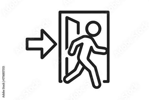 Exit symbol icon with running man. Emergency escape or evacuation sign. Simple vector pictogram showing way out. Person leaving through a door with an arrow pointer.