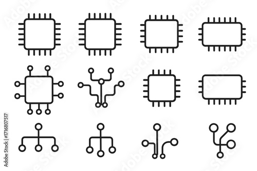 Microchip line icon set. Processor, CPU, and circuit board pictograms. Editable stroke vector for technology design. Computer hardware, AI, and electronics symbols.