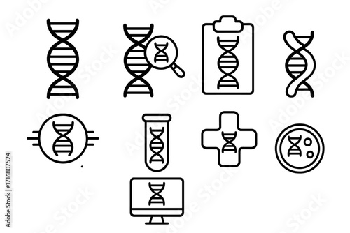 DNA and genetics thin line icon set. Science, medicine, biotechnology concepts. Gene research, analysis, chromosome, heredity, and lab test symbols. Vector illustration.