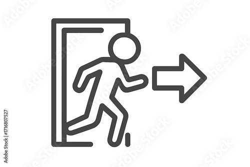 Emergency exit symbol, linear icon of a running man. Evacuation sign concept. Person leaving through a doorway with an arrow. Way out, safety, and escape vector illustration.