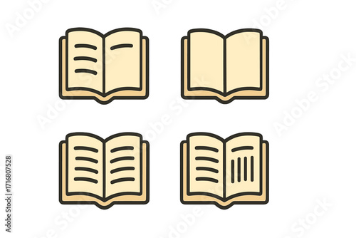 Book icon set. Open book pictogram pack for education and learning. Simple vector illustration for knowledge, study, library, and reading concepts. Minimal line art.