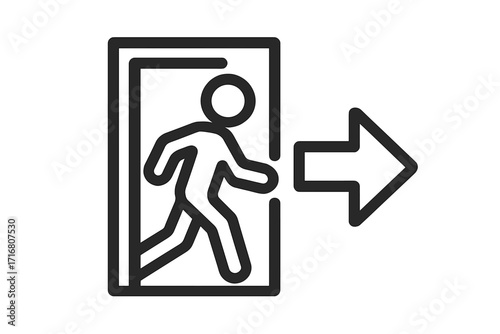 Exit symbol icon. Emergency escape sign with running man. Way out concept for safety evacuation. Logout pictogram. Directional arrow. Departure door frame vector illustration.