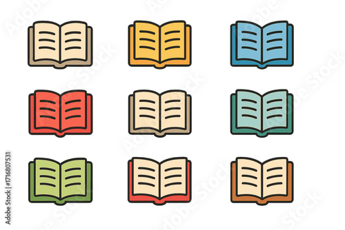 Book icon set. Open dictionary, bible symbol. Colorful vector pictogram for library, education, reading concepts. Simple flat cartoon logo for website, app, learning, study.