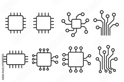 CPU line icon set. Processor, microchip, and computer chip icons. Integrated circuit pictogram bundle. Technology hardware vector for motherboard, AI, and electronics design.