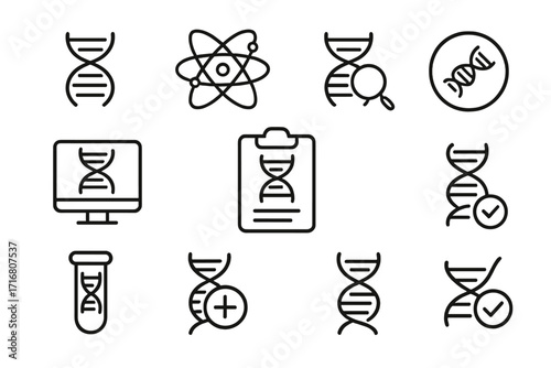 DNA line icon set. Genetics and biotechnology concepts. Gene helix, chromosome, science research, genetic engineering, analysis, lab test vector symbols collection. Editable stroke.