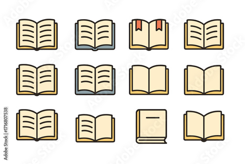 Book icon set. Outline pictograms of open and closed books. Vector symbols for education, library, reading, and literature. Minimalist linear icons for web and graphic design.