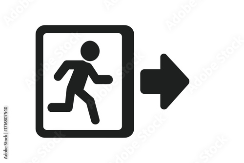 Emergency exit sign with running man figure. Evacuation symbol with arrow direction. Safety escape route icon. Vector way out pictogram illustration on white background.