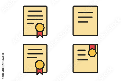 Diploma and certificate icon set. Minimal linear color pictogram bundle for web, graphic design. Vector award, graduation, achievement, license document with seal and ribbon.