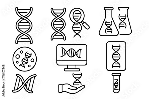 DNA and genetics research line icon set. Gene, chromosome, and biotechnology concepts. Science and medicine lab analysis vector symbols for web and mobile apps. Editable stroke.