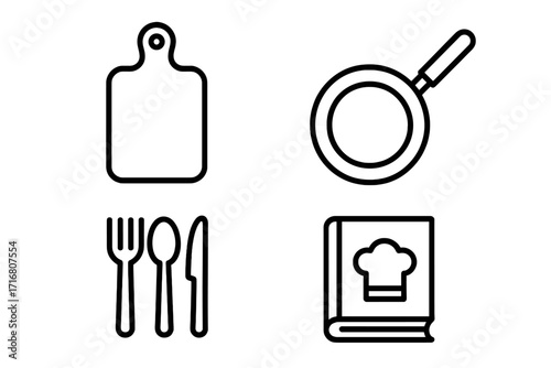 Cooking icon set vector. Kitchen tools line art. Restaurant menu symbols. Food preparation concept. Culinary graphics. Cutting board, frying pan, cutlery, cookbook illustration.