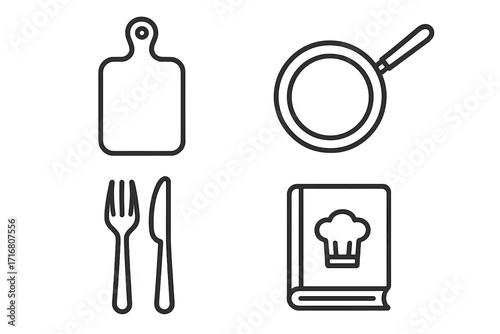 Cooking line icon set. Kitchen utensils vector. Food preparation, restaurant menu concept. Gastronomy symbols. Outline cutting board, frying pan, cookbook, fork, knife.