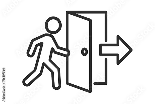 Exit icon. Man running through open door. Emergency exit symbol. Escape route. Way out. Person leaving. Logout concept. Evacuation pictogram. Safety sign vector illustration.