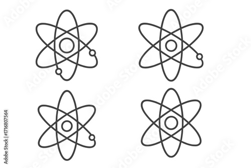 Atom icon set. Science symbol collection. Physics, chemistry, and nuclear energy concept. Simple line art vector of particle, molecule, electron orbit, and nucleus.
