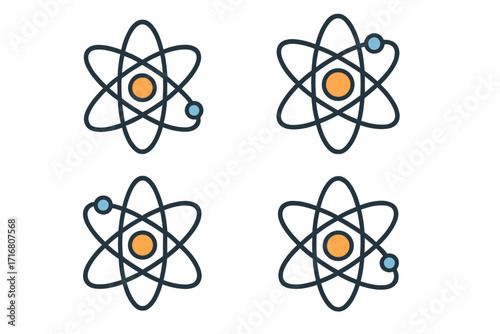 Atom icon set. Science, physics, chemistry vector symbol. Nuclear energy, quantum mechanics concept. Molecule, particle, electron, orbit. Simple flat illustration for logo, web, app.