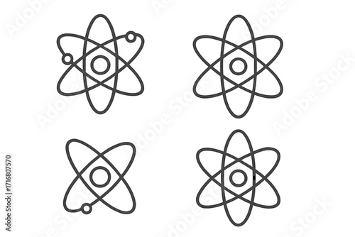 Isolated atom and orbit icon set. Vector line art of science symbols. Physics, chemistry, nuclear energy concept. Molecule structure pictogram with electron and nucleus.
