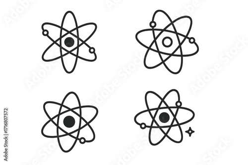 Atom icon set science symbol. Physics chemistry nuclear energy concept. Electron orbit and nucleus particle pictogram collection. Vector illustration of molecule structure.