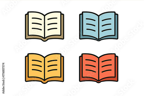 Opened book icon set in flat colors. Minimalistic linear pictograms for web and graphic design, apps. Symbol for knowledge, education, learning, library, study, reading.