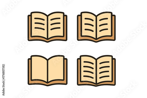 Open book icon set in filled color outline style. Reading, education, or library logo concepts. Minimal linear pictogram collection for web design, apps, banner, and cards.