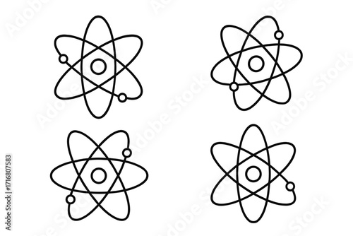 Atom icon set vector line art. Science, physics, chemistry symbol. Nuclear energy, molecule, quantum concept. Electron orbiting nucleus. Simple scientific pictogram collection.