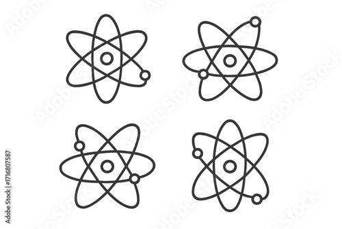 Atom icon set. Science symbol collection. Physics, chemistry concept. Nuclear energy, molecule structure. Vector outline illustration. Simple linear particle with orbit, electron.