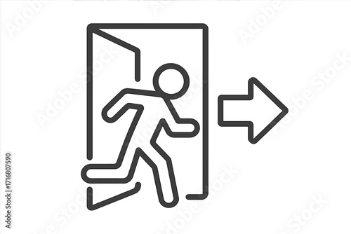 Exit icon. Emergency exit symbol. Man running to a door. Way out sign for safety and evacuation. Escape route pictogram. Arrow direction. Danger warning. Vector line art.