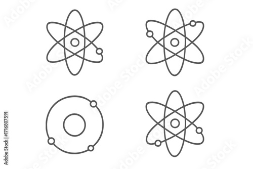 Atom icon set. Science symbol collection. Physics, chemistry, nuclear energy concepts. Simple linear outline vector illustration. Editable stroke for web, app design.