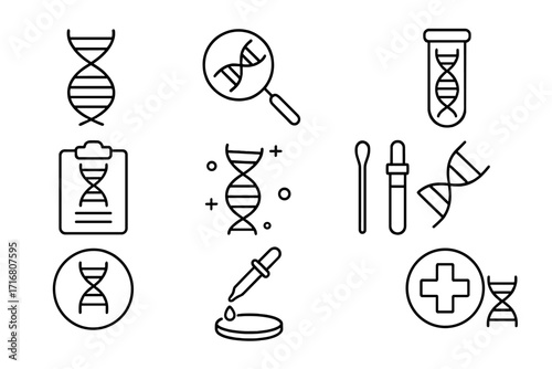 DNA test icon set for genetic analysis and medical research. Gene science and biotechnology outline symbols. Vector collection of laboratory, dna strand, and chromosome icons.